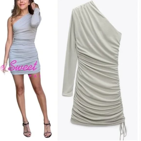 ZARA One Shoulder Asymmetrical Ruched Bodycon Stretch Fully Lined Dress - Picture 4 of 9